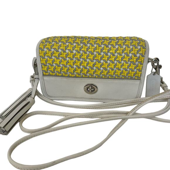 COACH Legacy Penny Woven Crossbody Bag Yellow Gray White Small Leather Purse - Picture 1 of 11